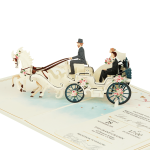 Custom 3D wedding invitation featuring newlyweds, two white horses and an elegant floral wedding carriage.