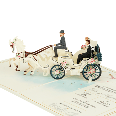 Custom 3D wedding invitation featuring newlyweds, two white horses and an elegant floral wedding carriage.