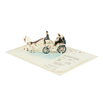 Wedding Carriage Pop Up Card with bride and groom riding in a white horse-drawn carriage decorated with pink roses.