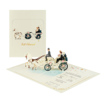 Just Married Wedding Carriage Pop Up Card customizable with couple names, wedding date, venue and invitation details.