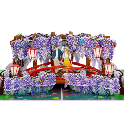 Wisteria Bridge Pop Up Card featuring a romantic couple on a red bridge surrounded by cascading purple wisteria flowers.