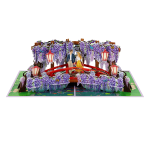 Romantic 3D floral pop up card with purple wisteria garden, red Japanese-style bridge, lanterns and couple.